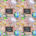 Watercolor cute back to school vintage style seamless pattern Royalty Free Stock Photo