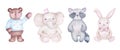 Watercolor cute bear elephant raccoon and bunny isolated