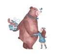 Watercolor cute bear hugs girl and congratulating her with happy birthday Royalty Free Stock Photo
