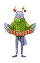 Watercolor cute bird with Christmas knitted ugly sweater