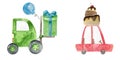 Watercolor cute birthday green forklift with gift box and balloons. Birthday red car with balloons
