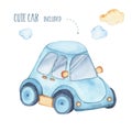 Watercolor cute blue car auto toy for baby boy kid