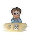 Watercolor. Cute boy illustration. Sits at a table and plays chess on a tablet. Use for decoration, children`s themes