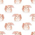 Watercolor cute brown bunnies seamless pattern on white background