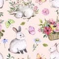 Watercolor cute bunnies seamless pattern.Hand drawn baby rabbits, spring flowers, leaf, bouquet on pastel pink background. Royalty Free Stock Photo
