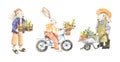 Watercolor cute bunnies collection. Gardener with box and vegetables. Bunny on bicycle. Bunny with wheel barrow. Harvest. Baby