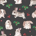 Watercolor cute bunnies seamless pattern on black background. Christmas Rabbits print