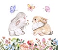 Watercolor cute bunnies and spring flowers illustration. Easter card design, valentines day theme Royalty Free Stock Photo