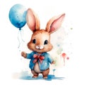 Watercolor of a cute bunny holding a group of balloons. AI generative illustration