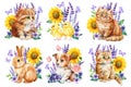 Watercolor cute bunny, kitten, chicken, puppy and flowers, butterflies on a white background, floral postcard animal