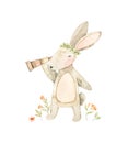 Watercolor cute bunny looking through a spyglass with floral wreath and flowers everywhere. Baby character. Children room decor.