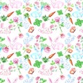 Watercolor cute bunny seamless pattern. Small baby rabbits with carrot, butterfly and clover Royalty Free Stock Photo
