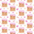 Watercolor cute cake seamless pattern. Hand painted biscuit cake with pink glaze, hearts, ribbon bows and stars isolated Royalty Free Stock Photo