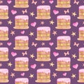 Watercolor cute cake seamless pattern. Hand painted biscuit cake with pink glaze, hearts, ribbon bows and stars on Royalty Free Stock Photo