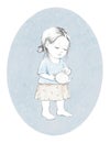 Watercolor sketch with vintage cartoon baby girl with teapot on oval blue background