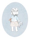 Watercolor sketch with vintage cartoon baby girl with toy hare on oval blue background