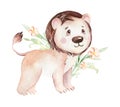 Watercolor cute cartoon baby lion animal illustration.Safari zoo character isolated on white background. Nursery Hand Royalty Free Stock Photo