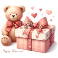 watercolor Cute cartoon bear with gift box and hearts. Royalty Free Stock Photo