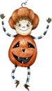 Watercolor cute cartoon boy dancing in an orange pumpkin costume and striped tights. Cute Halloween smiling character