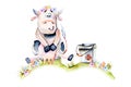 Watercolor cute cartoon cow sitting on a meadow near the bucket, ladybug and simple flowers Royalty Free Stock Photo