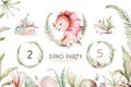 Watercolor cute cartoon dino. Dinosaurs Set Isolated on a White Background Illustration, Baby shower invitation kids birthday Royalty Free Stock Photo