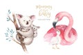 Watercolor cute cartoon illustration with cute mommy flamingo and baby, flower leaves. koala Mother and baby Royalty Free Stock Photo