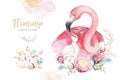 Watercolor cute cartoon illustration with cute mommy flamingo and baby, flower leaves. Mother and baby illustration bird