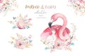 Watercolor cute cartoon illustration with cute mommy flamingo and baby, flower leaves. Mother and baby illustration bird