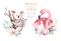 Watercolor cute cartoon illustration with cute mommy flamingo and baby, flower leaves. koala Mother and baby Royalty Free Stock Photo