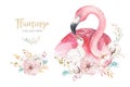 Watercolor cute cartoon illustration with cute mommy flamingo and baby, flower leaves. Mother and baby illustration bird Royalty Free Stock Photo