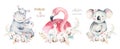 Watercolor cute cartoon illustration with cute mommy flamingo and baby, flower leaves. Mother hippo and baby