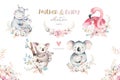 Watercolor cute cartoon illustration with cute mommy flamingo and baby, flower leaves. Mother hippo and baby