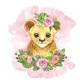 Watercolor cute cartoon lion and tropical floral bouquet. Hand painted exotic african animal illustration, green leaves flowers Royalty Free Stock Photo