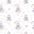 Watercolor cute cartoon little baby and mom hippo with floral wreath seamless pattern. tropical fabric background