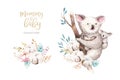 Watercolor cute cartoon little baby and mom koala with floral wreath. Isolated tropical illustration. Mother and baby Royalty Free Stock Photo