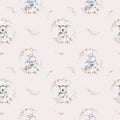 Watercolor cute cartoon little baby and mom koala hippo with floral wreath seamless pattern. tropical fabric background Royalty Free Stock Photo