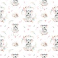 Watercolor cute cartoon little baby and mom koala with floral wreath seamless pattern. tropical fabric background