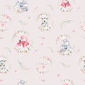 Watercolor cute cartoon little baby and mom koala, hippo, flamingo with floral wreath seamless pattern. tropical fabric Royalty Free Stock Photo