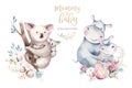 Watercolor cute cartoon little baby and mom koala with hippo floral wreath. Isolated tropical illustration. Mother and