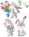 Watercolor cute cartoon rabbits bunny, in the flower garden character warm and satisfied, happy pattern by hand draw