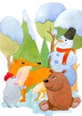 Watercolor cute cartoon snowman in the company of a fox, a mole and a bear on a background of winter trees.