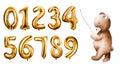 Watercolor cute cartoon teddy bear with golden foil balloon numbers digits 0-9. Hand drawn birthday party numbers zero