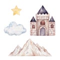 Watercolor cute castle, mountain and cloud set