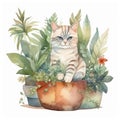 Watercolor cute cat and floral tropical bouquets. rest on tre tree