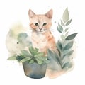 Watercolor cute cat and floral tropical bouquets. rest on tre tree