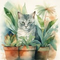 Watercolor cute cat and floral tropical bouquets. rest on tre tree