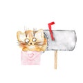 Watercolor cute cat postman. Pets. Funny kitten. Children's illustration