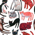 Watercolor cute cats seamless pattern. Nursery design in scandinavian style