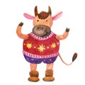 Watercolor cute cheerful bull wearing a cozy sweater.
