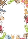 Watercolor cute childish cartoon illustration with insects. Royalty Free Stock Photo